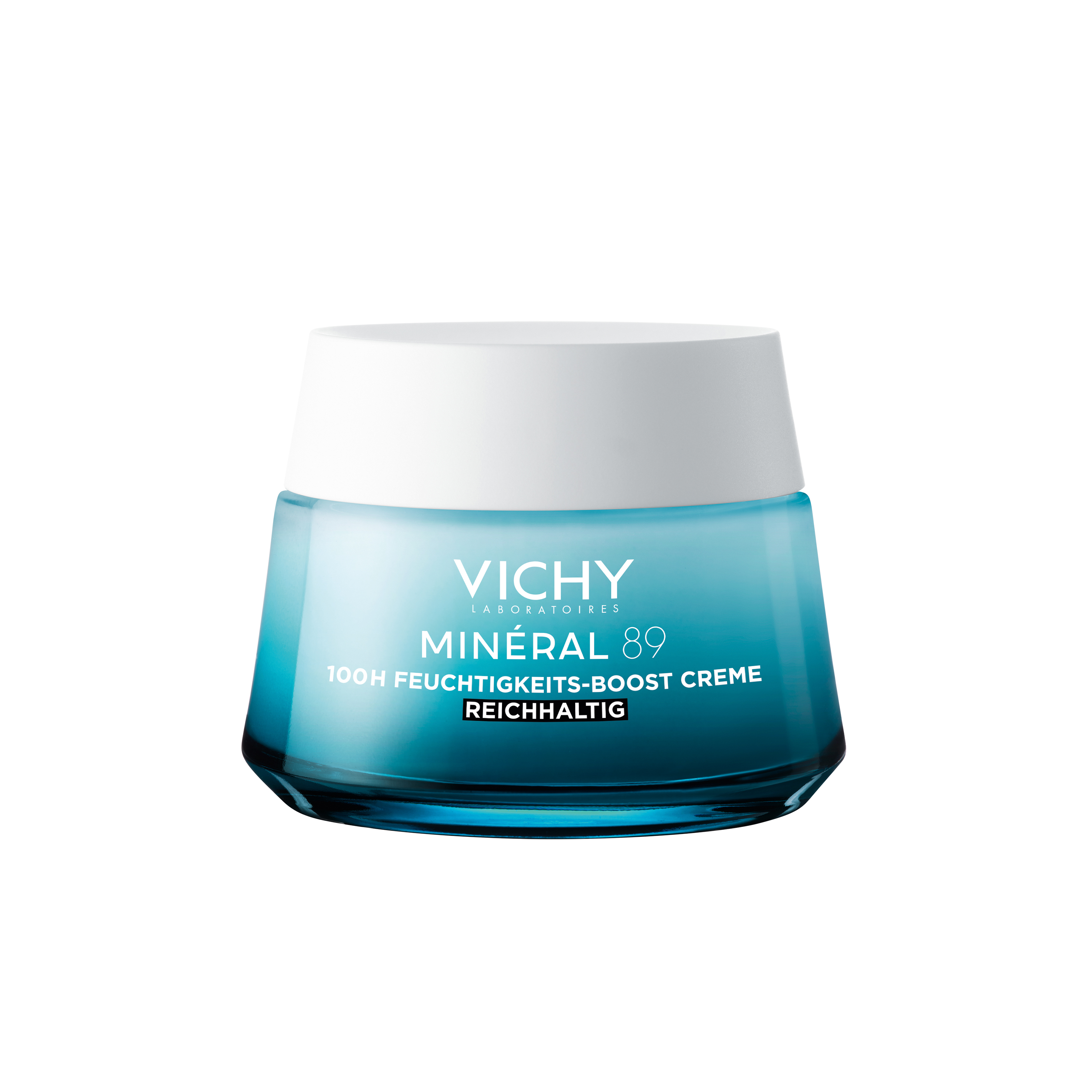 Blau-transparenter Tiegel mit weißem Deckel. Vichy Minéral 89 100H Feuchtigkeits-Boost Creme Reichhaltig.